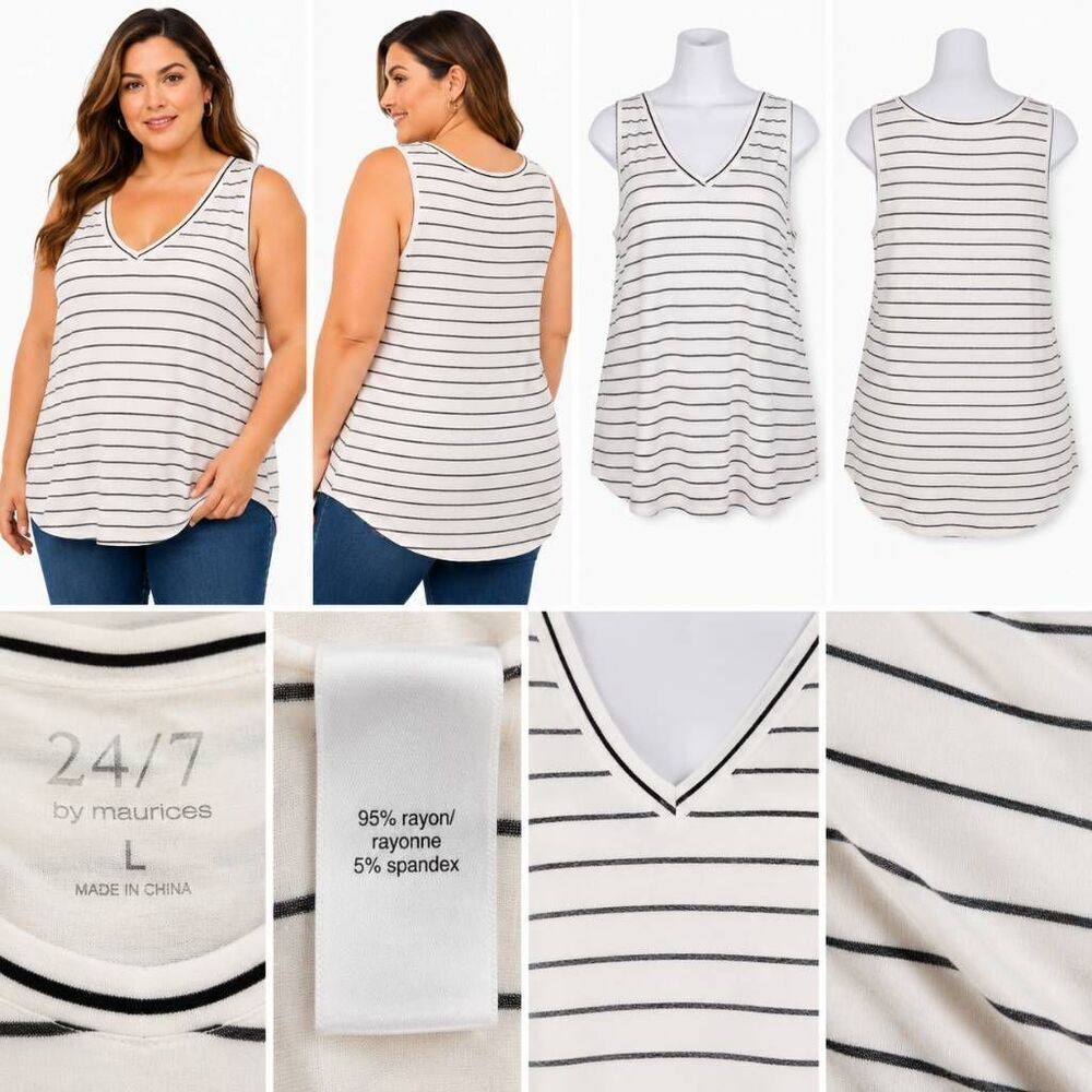 Maurices 24/7 Black White Stripe Sleeveless Tank Top Stretchy V-Neck Size Large